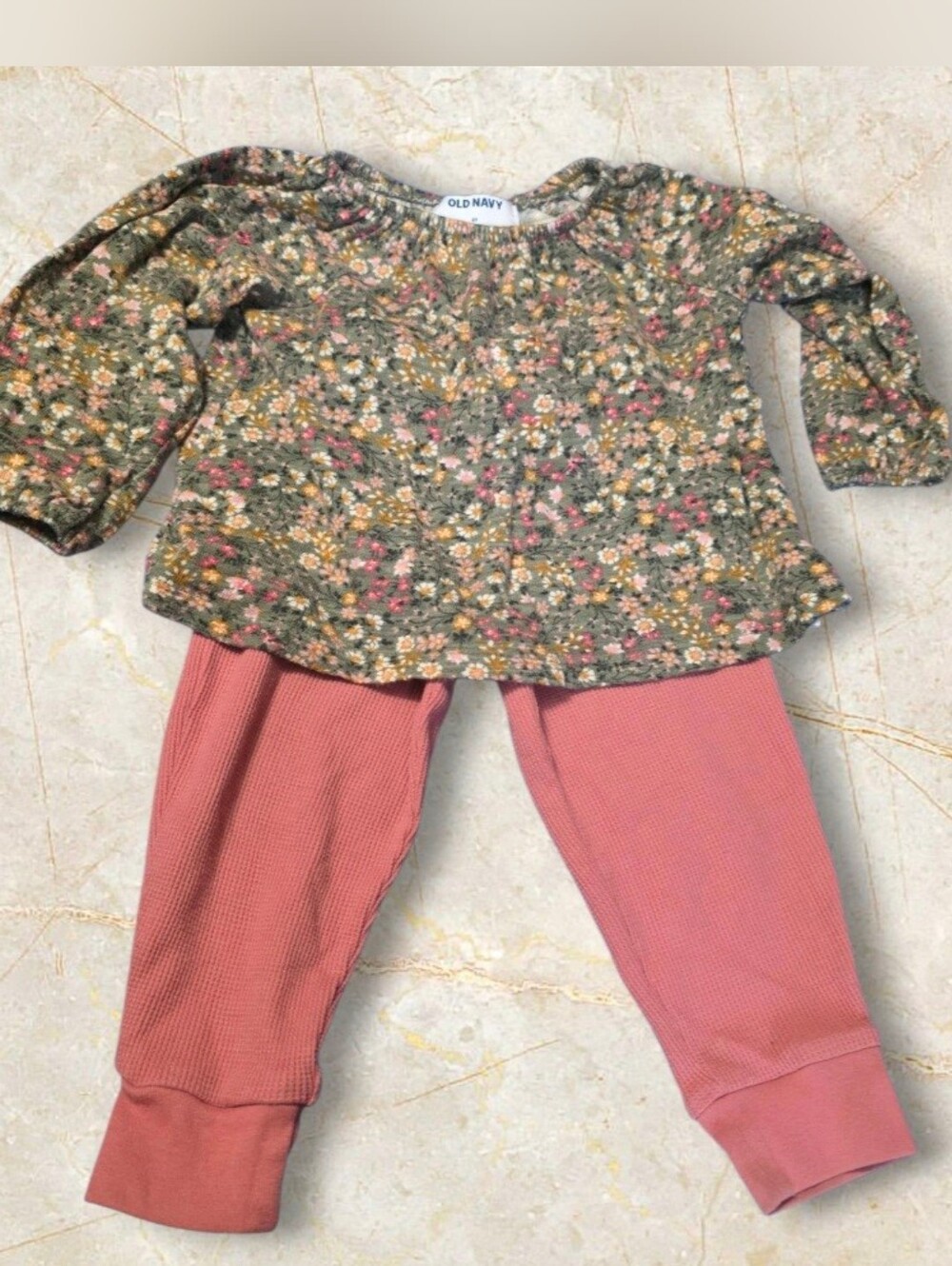 🌻 Old Navy Olive Floral Top with Members Mark Rose Pink Leggings Sz 2t